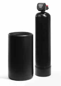 Water softener systems OKC. A black, ion exchange style water softener with a brine tank, on a white background.