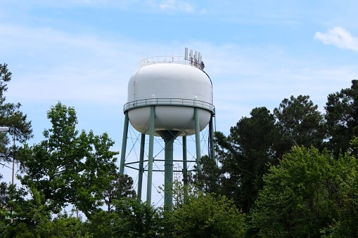 Municipal water tower seen through green trees.