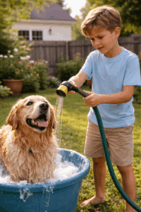 Young boy washing his dog in the backyard frustrated by the low water pressure. water well pump service , AI Generated - JB Water Well