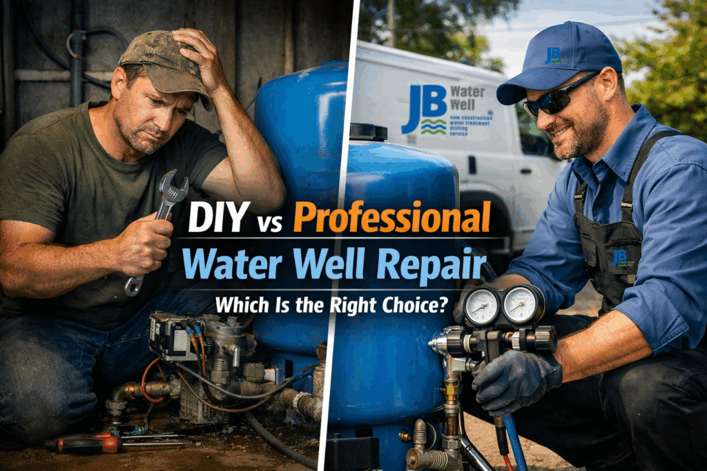 Frustrated man trying to fix water well system vs professional fixing water well. DIY vs Professional Water Well Repair - JB Water Well