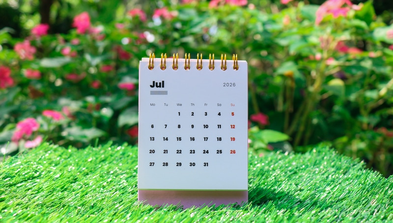 July 2026 Calendar on Green Grass with Nature Background. Well Inspection in Oklahoma - JB Water Well
