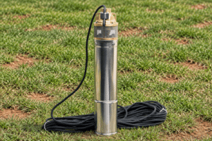 Submersible Water Well Pump sitting on the grass waiting for installation. 